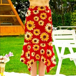 Red Asymmetrical Sunflower Flounce Hem Boho Skirt